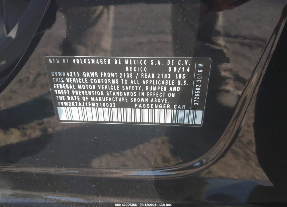 2015 VOLKSWAGEN JETTA VIN: 3VW2K7AJ1FM210032