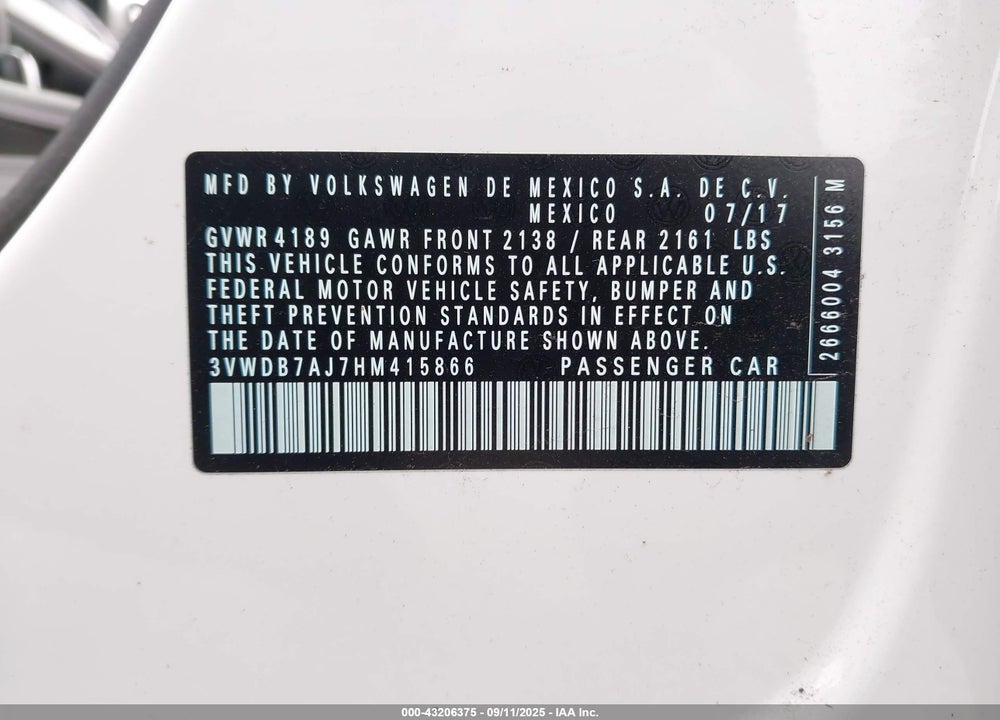 2017 VOLKSWAGEN JETTA VIN: 3VWDB7AJ7HM415866