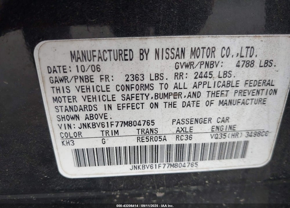 2007 INFINITI G35X VIN: JNKBV61F77M804765