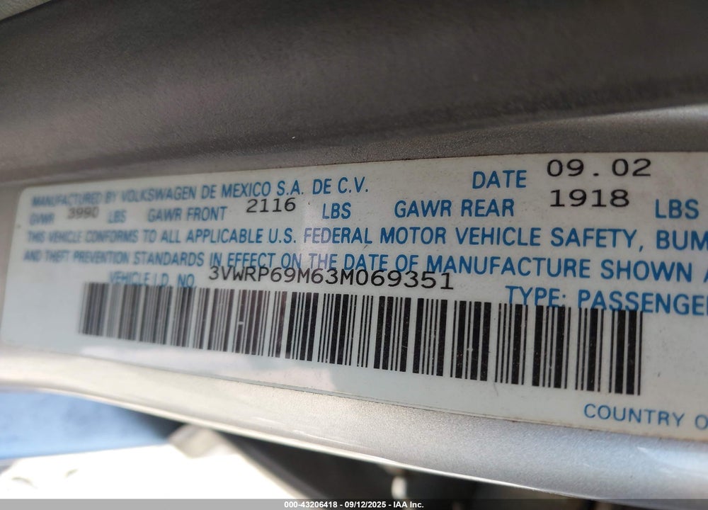 2003 VOLKSWAGEN JETTA GL TDI VIN: 3VWRP69M63M069351