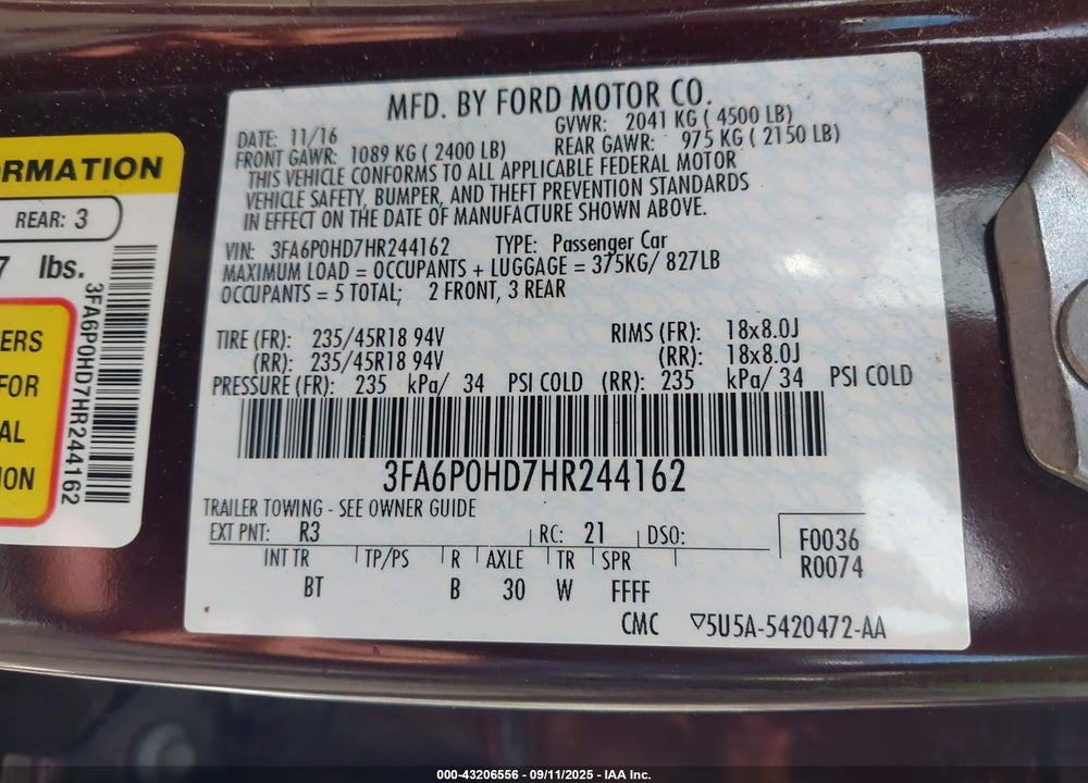 2017 FORD FUSION VIN: 3FA6P0HD7HR244162