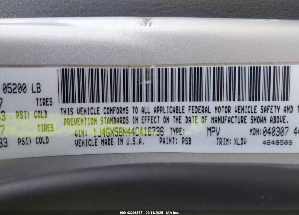 2004 JEEP GRAND CHEROKEE LIMITED VIN: 1J4GX58N44C416736