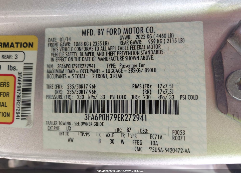 2014 FORD FUSION VIN: 3FA6P0H79ER272941