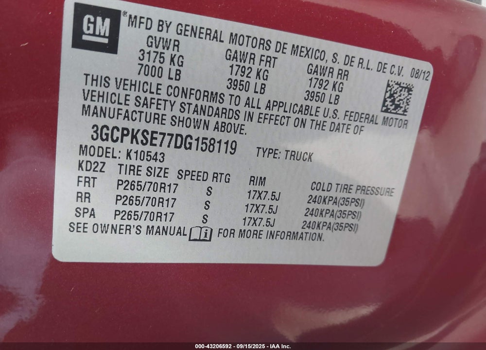 2013 CHEVROLET SILVERADO 1500 LT VIN: 3GCPKSE77DG158119