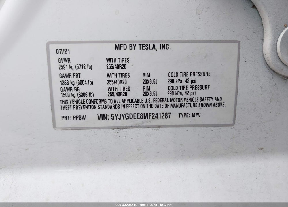 2021 TESLA MODEL Y VIN: 5YJYGDEE8MF241287