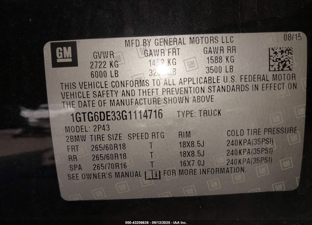 2016 GMC CANYON VIN: 1GTG6DE33G1114716
