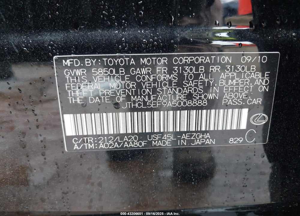 2010 LEXUS LS 460 VIN: JTHCL5EF9A5008888