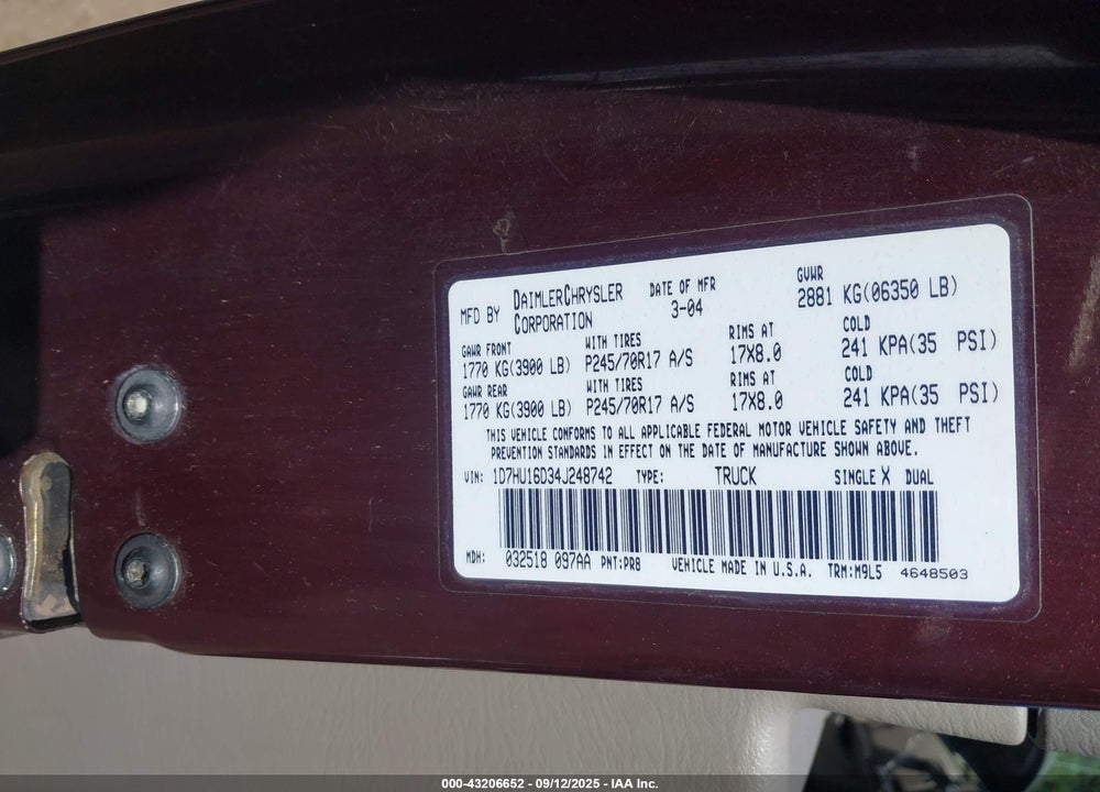 2004 DODGE RAM 1500 SLT/LARAMIE VIN: 1D7HU16D34J248742