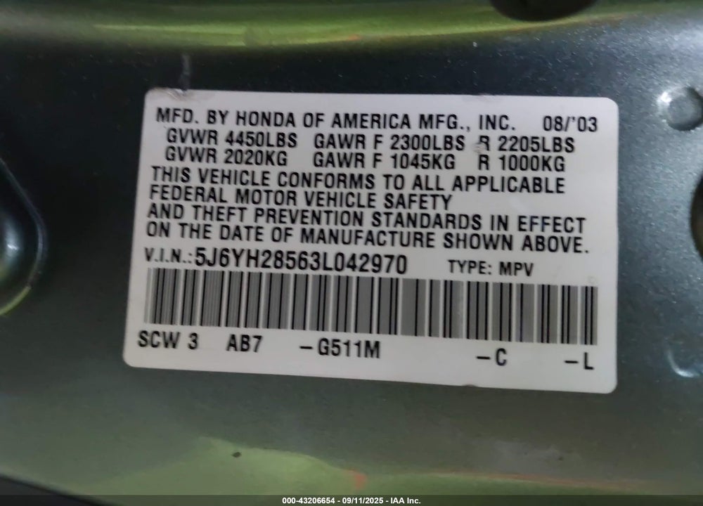 2003 HONDA ELEMENT EX VIN: 5J6YH28563L042970
