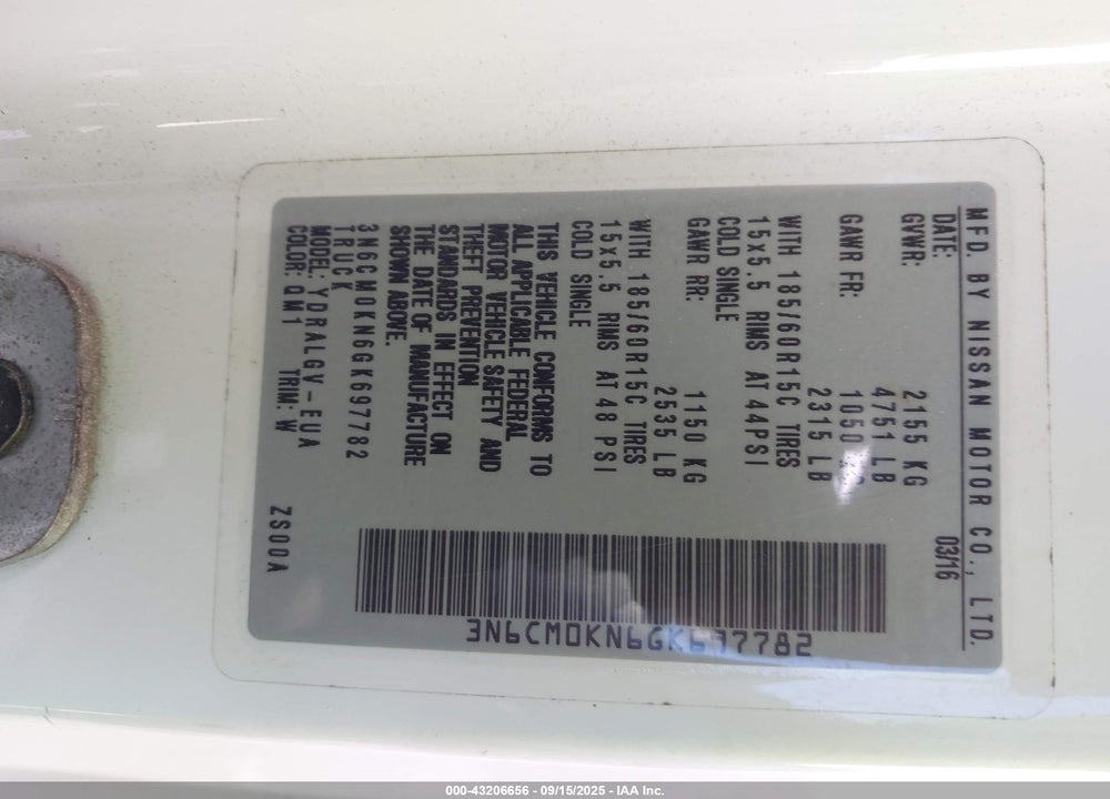 2016 NISSAN NV 200 VIN: 3N6CM0KN6GK697782