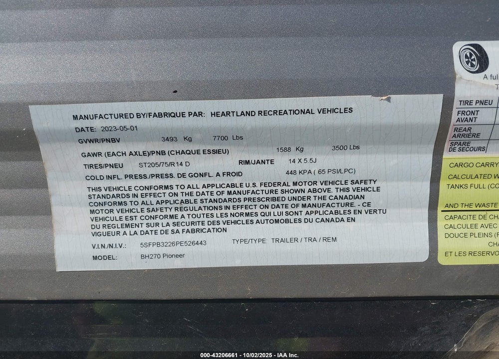 2023 HEARTLAND PIONEER TRAVEL TRAILER VIN: 5SFPB3226PE526443