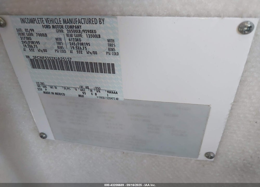 1999 FORD F550 SUPER DUTY STRIPPED CHASS VIN: 3FCNF53S3XJA25157