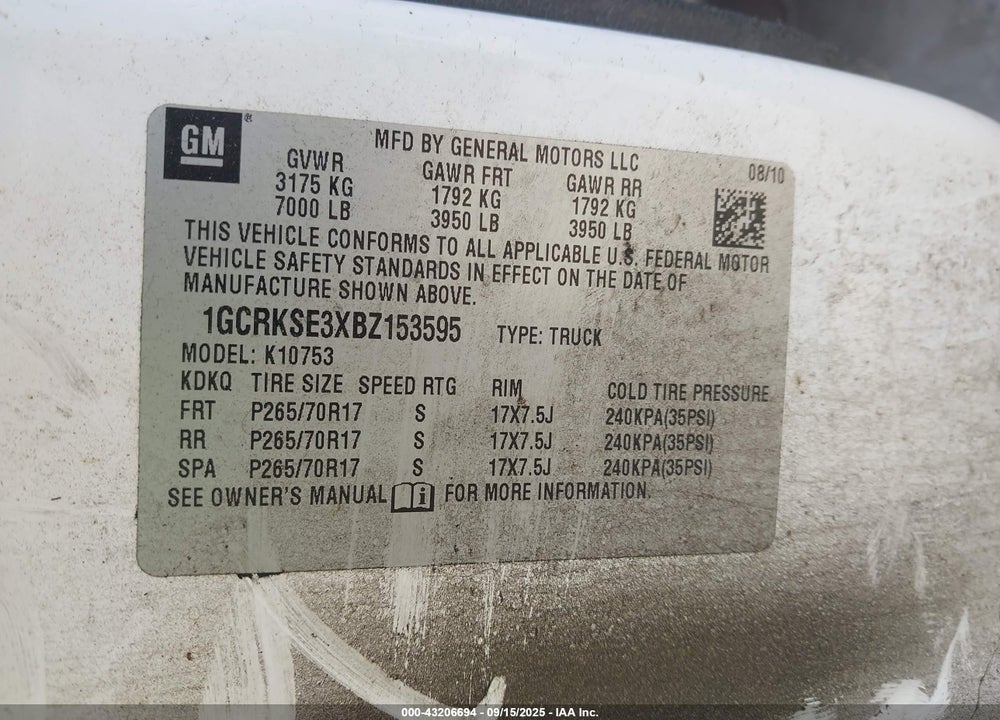 2011 CHEVROLET SILVERADO 1500 VIN: 1GCRKSE3XBZ153595