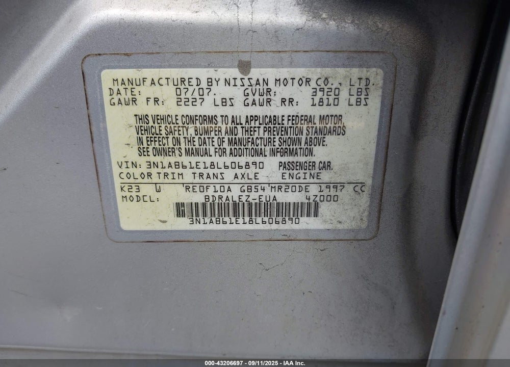 2008 NISSAN SENTRA 2.0S VIN: 3N1AB61E18L606890