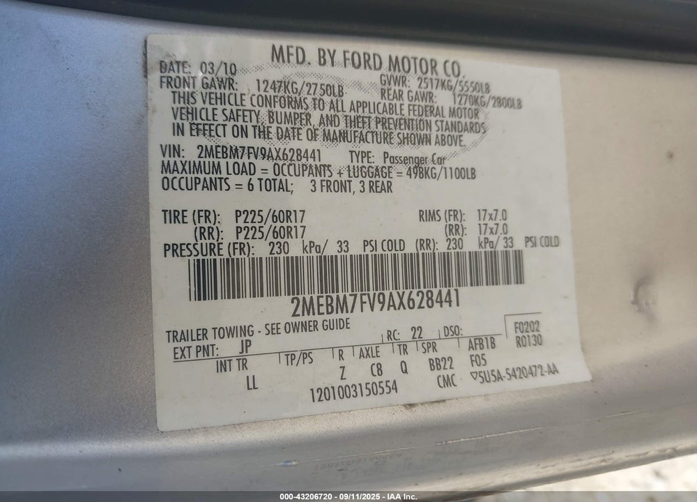 2010 MERCURY GRAND MARQUIS VIN: 2MEBM7FV9AX628441