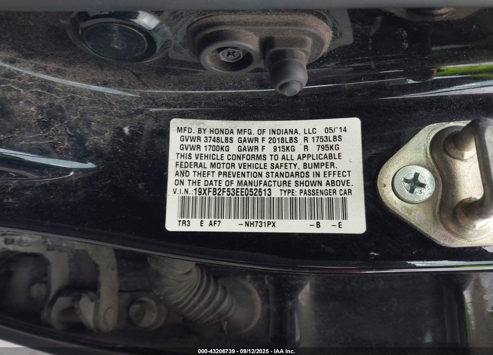 2014 HONDA CIVIC VIN: 19XFB2F53EE052613