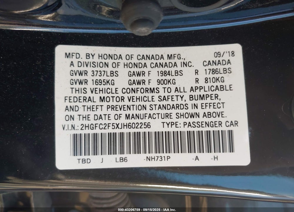 2018 HONDA CIVIC VIN: 2HGFC2F5XJH602256