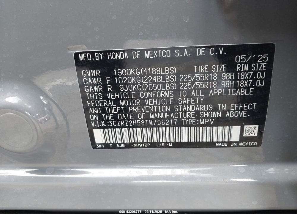 2026 HONDA HR-V AWD SPORT VIN: 3CZRZ2H58TM706217