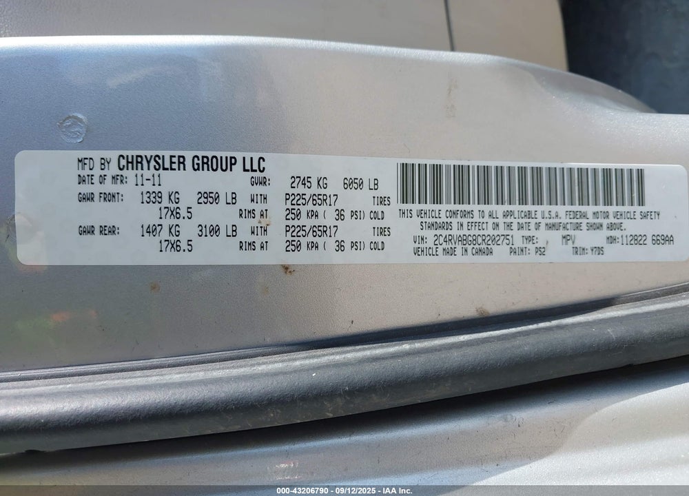 2012 VOLKSWAGEN ROUTAN SE VIN: 2C4RVABG8CR202751