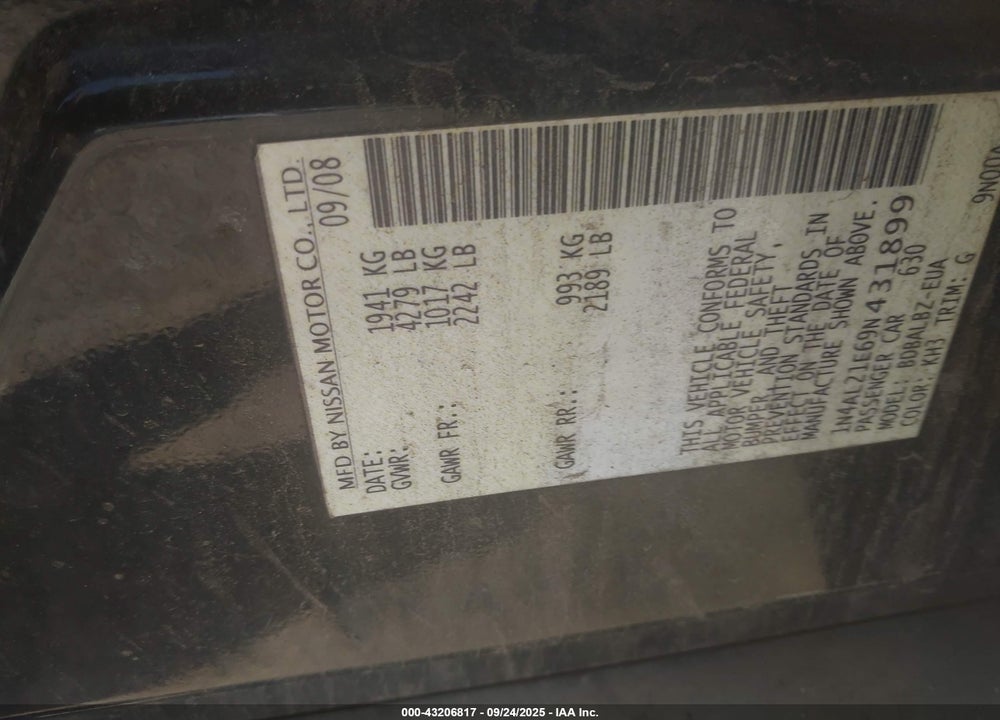 2009 NISSAN ALTIMA VIN: 1N4AL21E69N431899