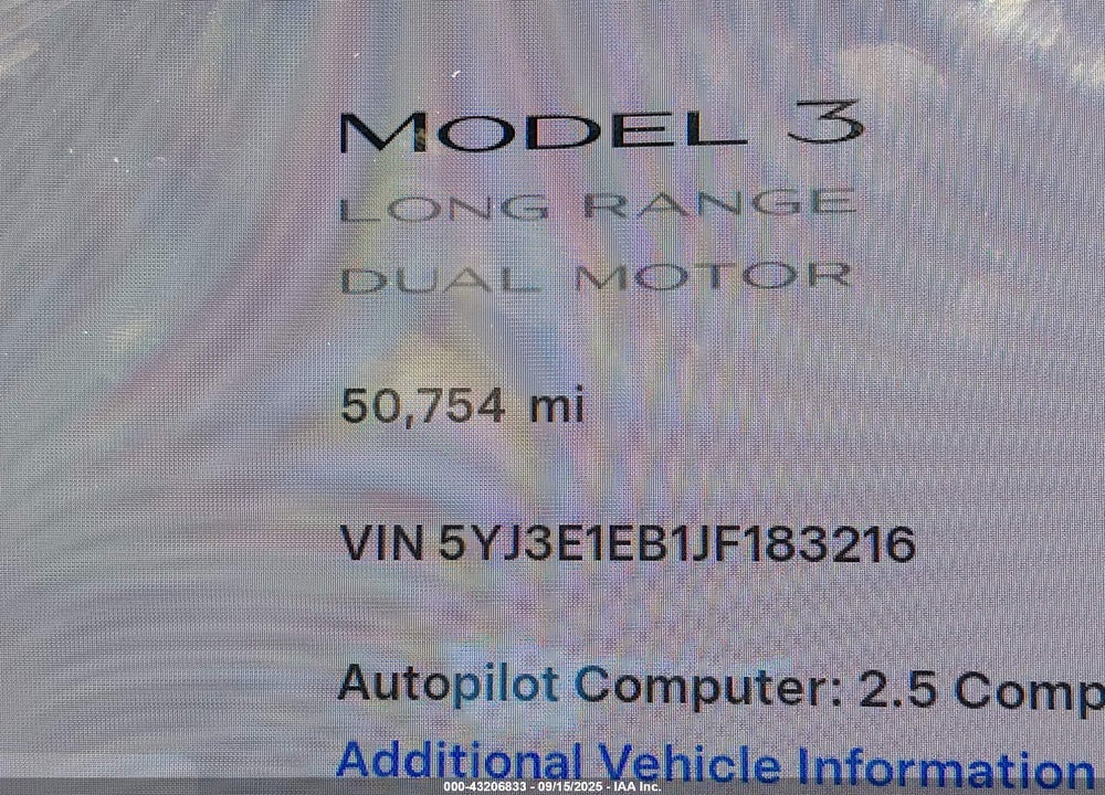 2018 TESLA MODEL 3 LONG RANGE/PERFORMANCE VIN: 5YJ3E1EB1JF183216