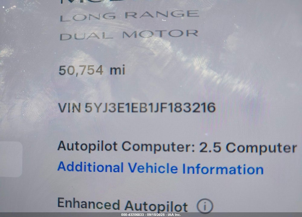 2018 TESLA MODEL 3 LONG RANGE/PERFORMANCE VIN: 5YJ3E1EB1JF183216
