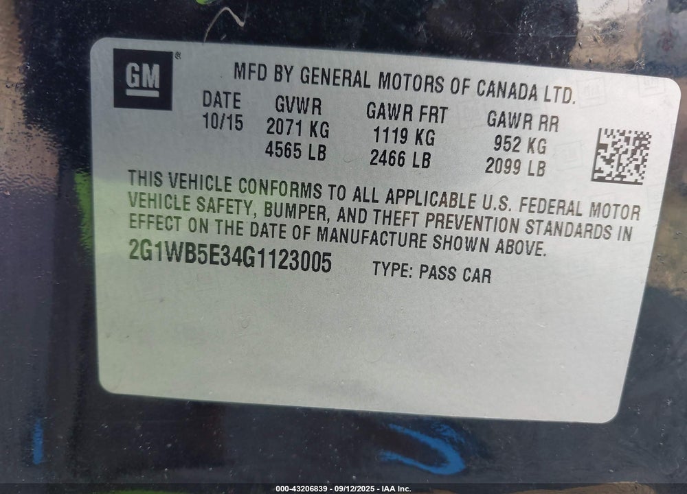 2016 CHEVROLET IMPALA LIMITED VIN: 2G1WB5E34G1123005