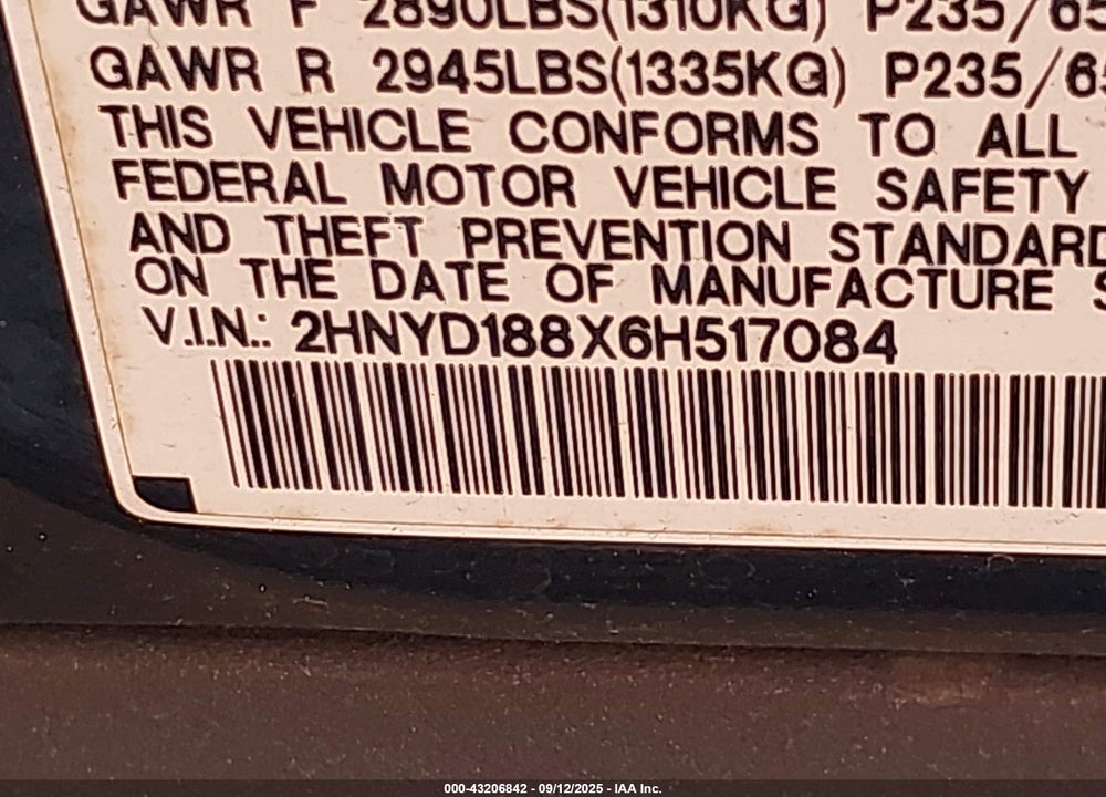 2006 ACURA MDX VIN: 2HNYD188X6H517084