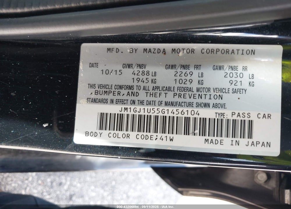2016 MAZDA 6 I SPORT VIN: JM1GJ1U55G1456104