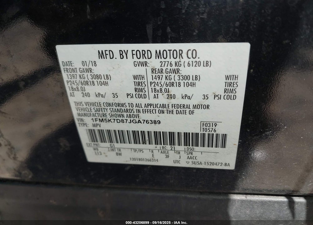 2018 FORD EXPLORER XLT VIN: 1FM5K7D87JGA76389