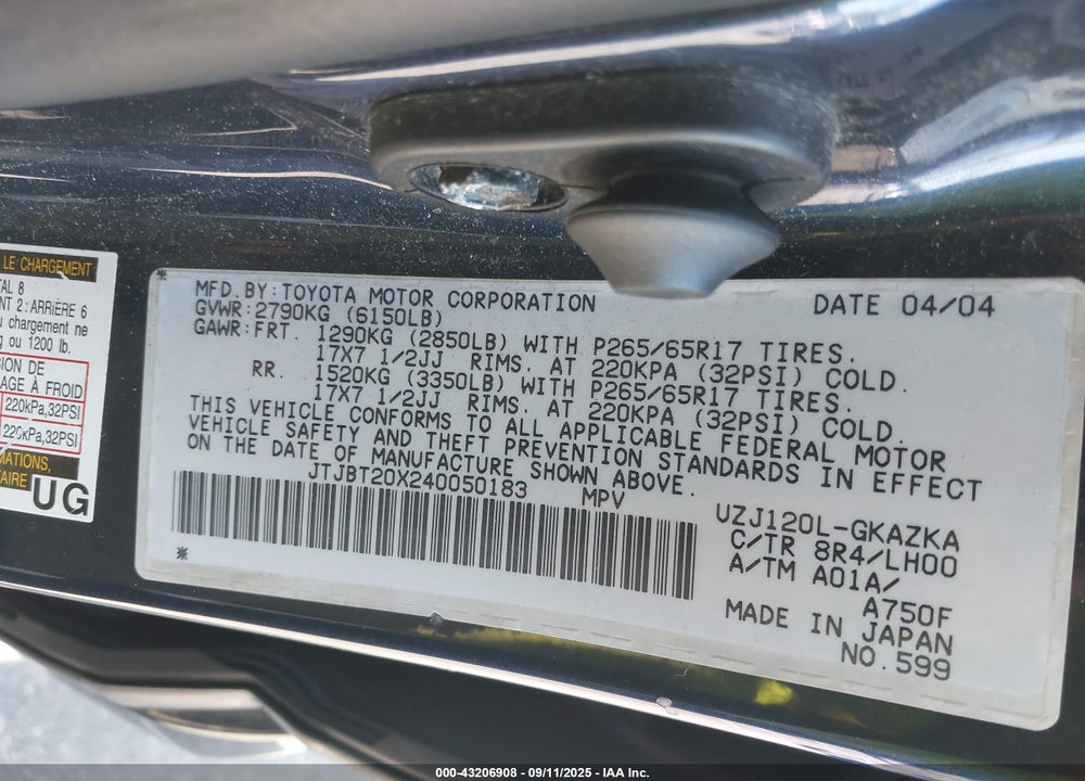 2004 LEXUS GX 470 VIN: JTJBT20X240050183