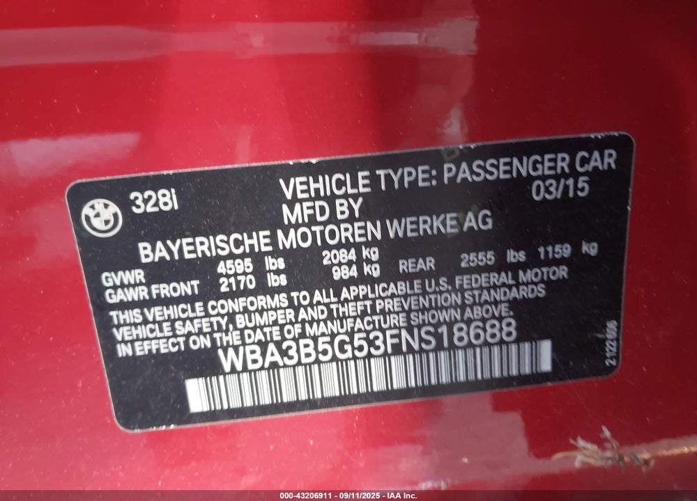 2015 BMW 3 SERIES VIN: WBA3B5G53FNS18688