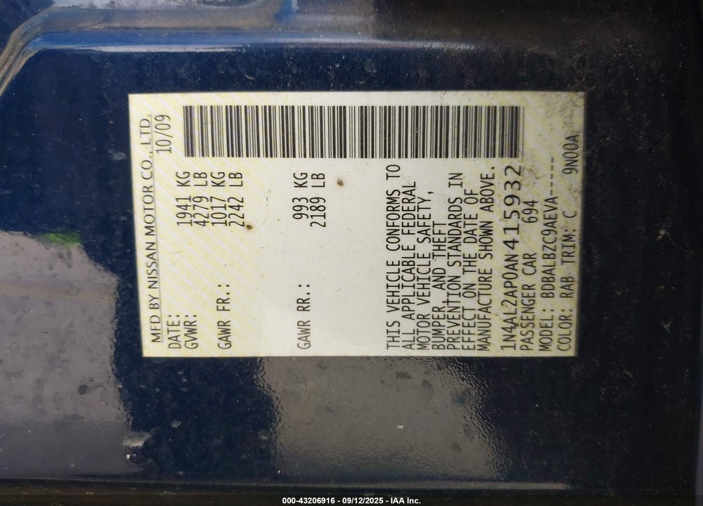 2010 NISSAN ALTIMA VIN: 1N4AL2AP0AN415932