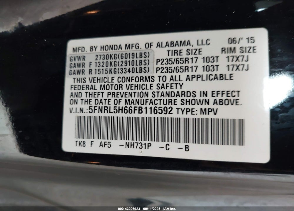 2015 HONDA ODYSSEY EX-L VIN: 5FNRL5H66FB116592