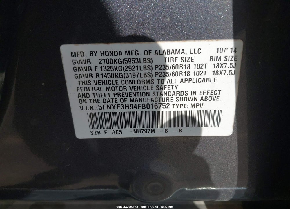 2015 HONDA PILOT VIN: 5FNYF3H94FB016752