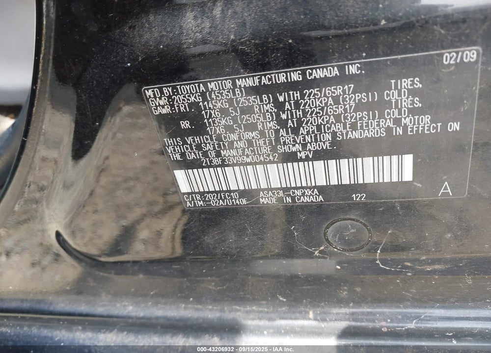 2009 TOYOTA RAV4 VIN: 2T3BF33V99W004542