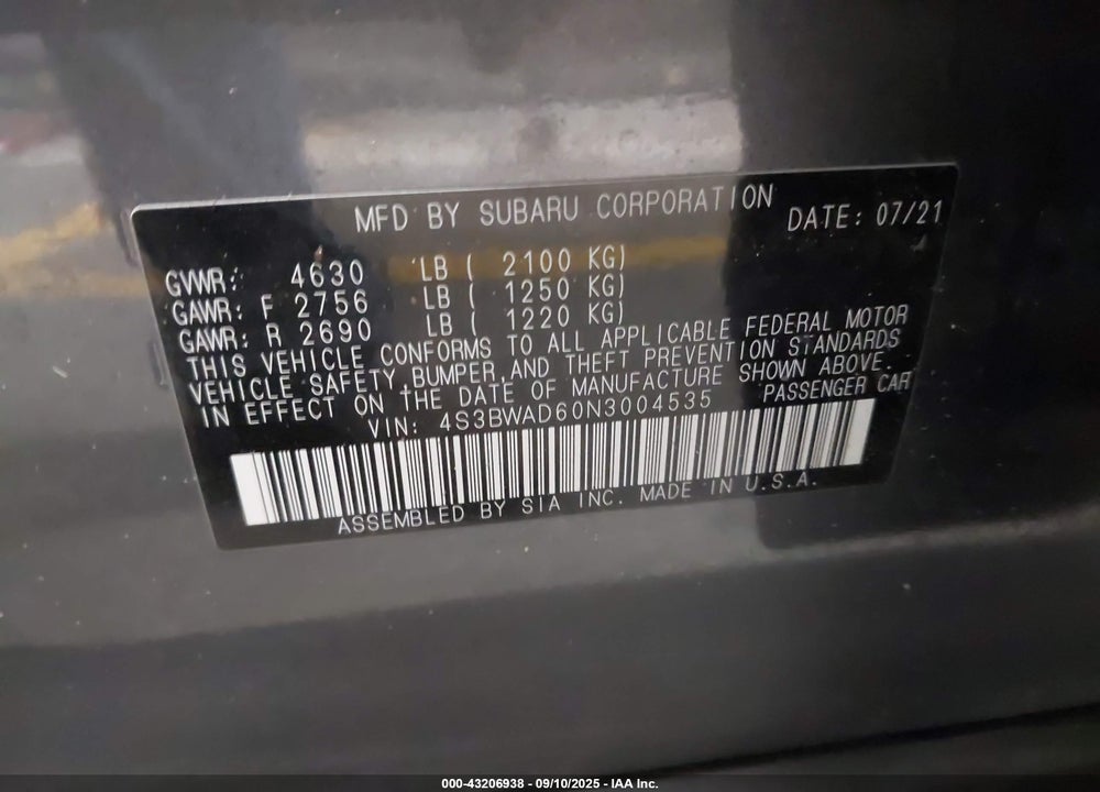 2022 SUBARU LEGACY VIN: 4S3BWAD60N3004535
