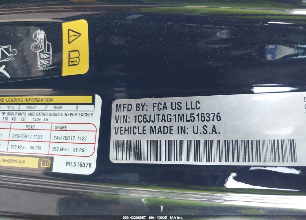 2021 JEEP GLADIATOR VIN: 1C6JJTAG1ML516376