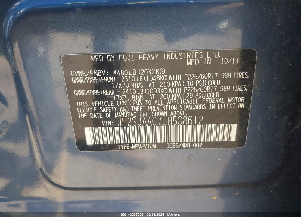 2014 SUBARU FORESTER VIN: JF2SJAAC7EH508612