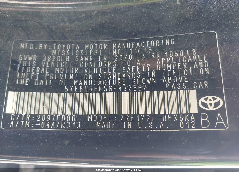 2016 TOYOTA COROLLA VIN: 5YFBURHE5GP432567
