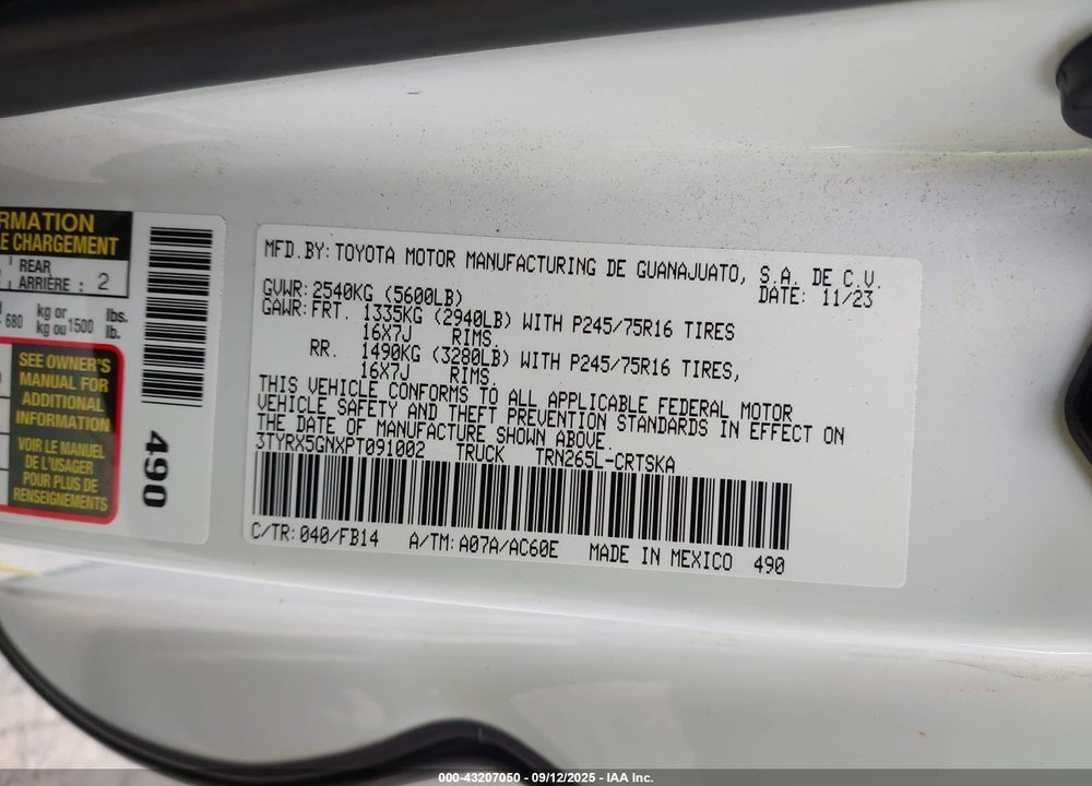 2023 TOYOTA TACOMA VIN: 3TYRX5GNXPT091002