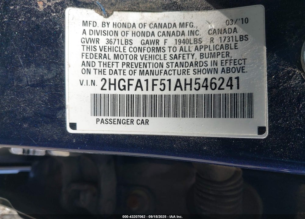 2010 HONDA CIVIC VIN: 2HGFA1F51AH546241