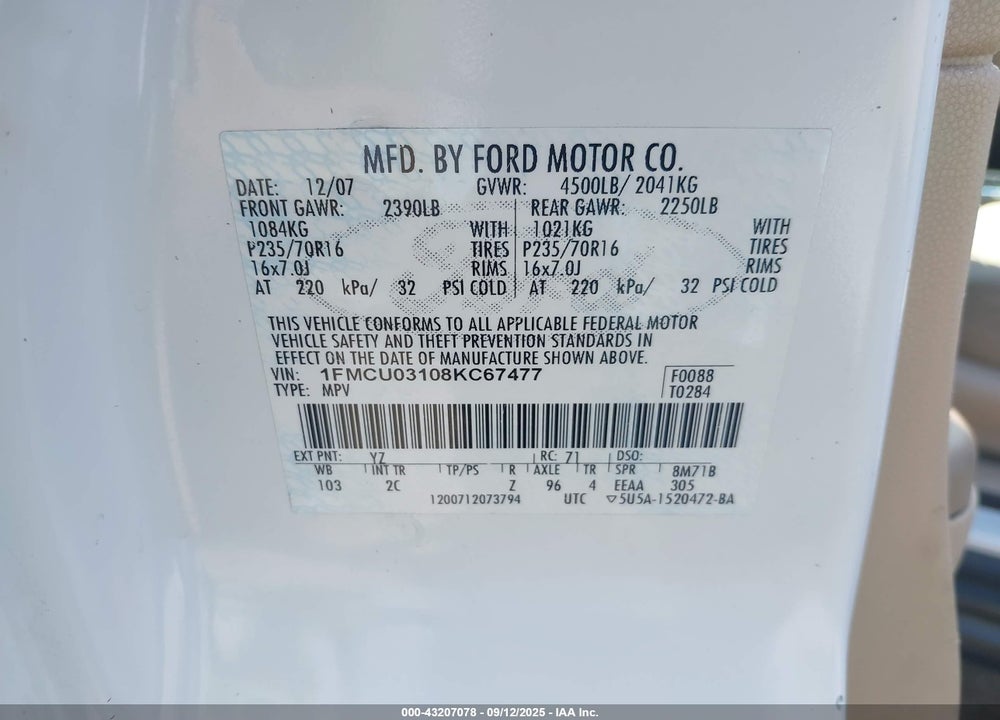 2008 FORD ESCAPE XLT VIN: 1FMCU03108KC67477