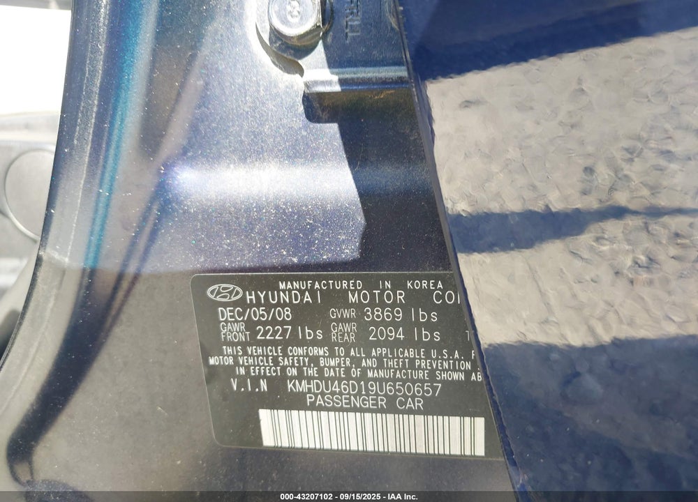 2009 HYUNDAI ELANTRA VIN: KMHDU46D19U650657