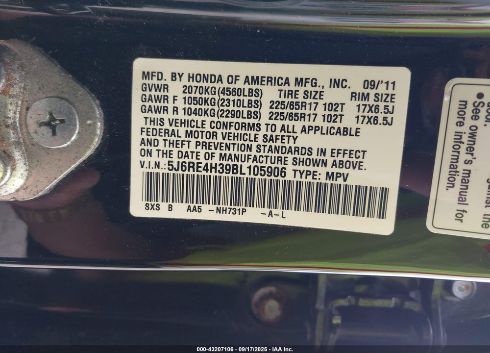 2011 HONDA CR-V VIN: 5J6RE4H39BL105906