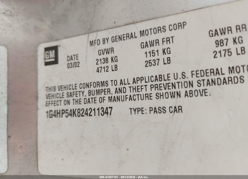 2002 BUICK LESABRE CUSTOM VIN: 1G4HP54K824211347