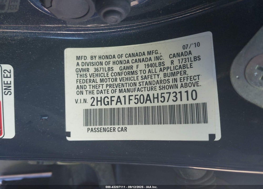 2010 HONDA CIVIC LX VIN: 2HGFA1F50AH573110
