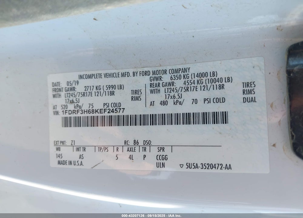 2019 FORD F-350 CHASSIS XL VIN: 1FDRF3H68KEF24577