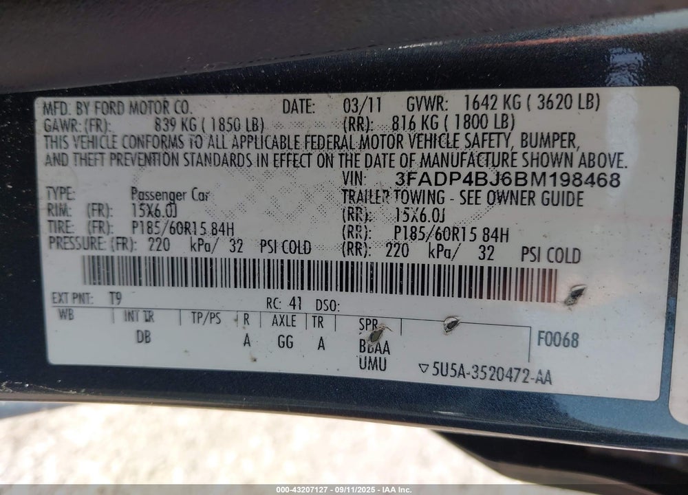 2011 FORD FIESTA SE VIN: 3FADP4BJ6BM198468