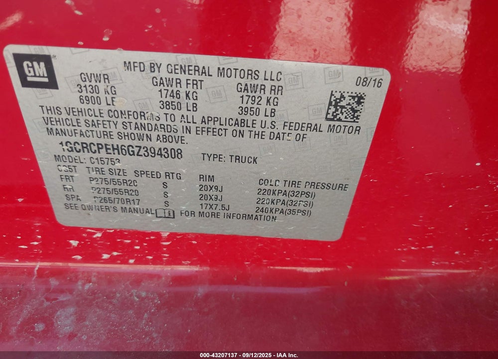 2016 CHEVROLET SILVERADO 1500 VIN: 1GCRCPEH6GZ394308